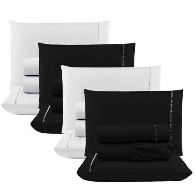 Kit Com 4 Jogos Cama Lençol Casal Padrão Micro Percal 400 Fios Ponto Palito 4 Peças Preto + Branco