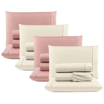Kit Com 4 Jogos Cama Lençol Casal Padrão Micro Percal 400 Fios Ponto Palito 4 Peças Rosê + Palha
