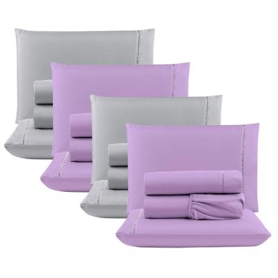 Kit Com 4 Jogos Cama Lençol Casal Padrão Micro Percal 400 Fios Ponto Palito 4 Peças Lilás + Cinza