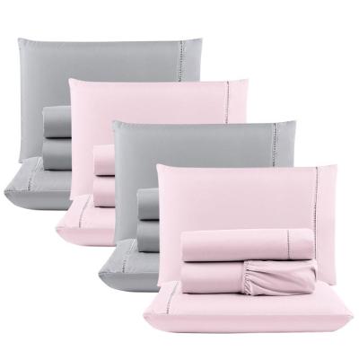 Kit Com 4 Jogos Cama Lençol Casal Padrão Micro Percal 400 Fios Ponto Palito 4 Peças Rosa + Cinza