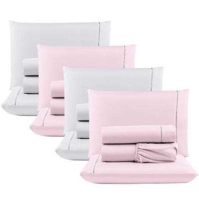 Kit Com 4 Jogos Cama Lençol Casal Padrão Micro Percal 400 Fios Ponto Palito 4 Peças Rosa + Branco