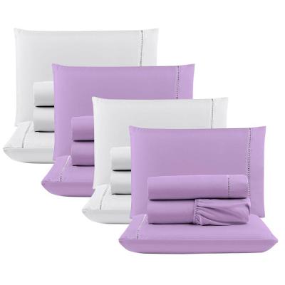 Kit Com 4 Jogos Cama Lençol Casal Padrão Micro Percal 400 Fios Ponto Palito 4 Peças Lilás + Branco