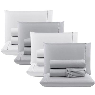 Kit Com 4 Jogos Cama Lençol Casal Padrão Micro Percal 400 Fios Ponto Palito 4 Peças Cinza + Branco