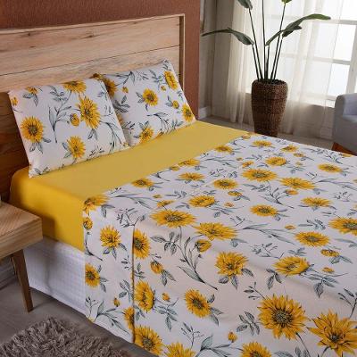 Jogo De Lençol Dallas Soft King 4 Peças Malha 100% Algodão - Floral Amarelo