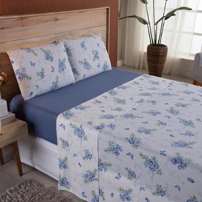 Jogo De Lençol Dallas Soft Casal 4 Peças Malha 100% Algodão - Azul Floral