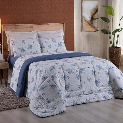 Edredom Queen Dallas Soft Malha 100% Algodão Dupla Face 01 Peça - Azul Floral