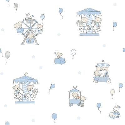 Papel De Parede Lullaby Carrossel Azul 2201 - Rolo 10m X 0,53m