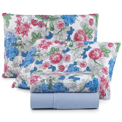 Jogo Cama Lençol Casa Scarpa Sonnet Queen Malha Estampada Algodão 4 Peças - Floral - Azul Claro