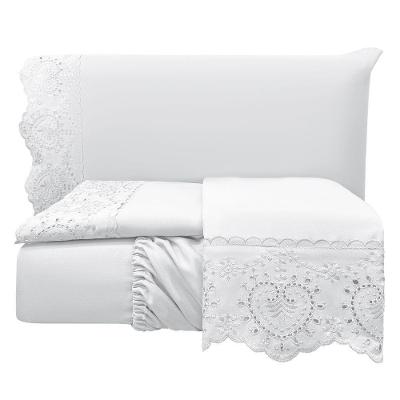 Jogo Cama Lençol Casa Scarpa Detail King Bordado Guipir Bordado Inglês Percal 300 Fios 4 Peças - Branco