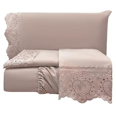 Jogo Cama Lençol Casa Scarpa Detail King Bordado Guipir Bordado Inglês Percal 300 Fios 4 Peças - Roxo Malva