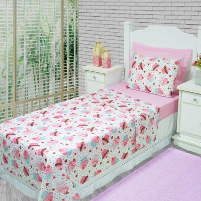 Jogo De Cama Lençol Solteiro Alegria 2 Peças Cupcake Rosa 100% Poliéster