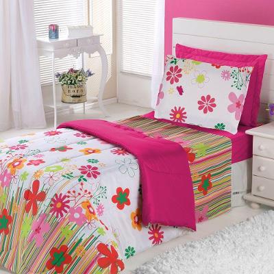 Kit Coordenado Edredom Com Lençol Solteiro Alegria Pink 100% Poliéster