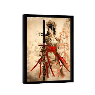 Quadro Decorativo Gueixa Bege 84x54 Moldura Preta