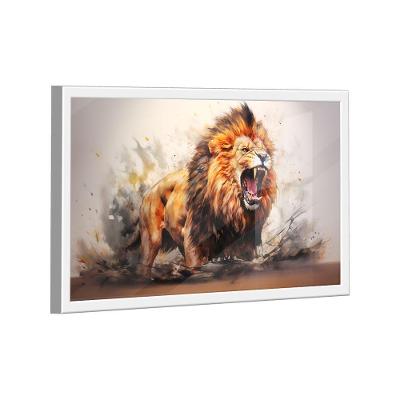 Quadro Decorativo Leão Majestoso Aquarela Moldura 118x78 Branca e Vidro