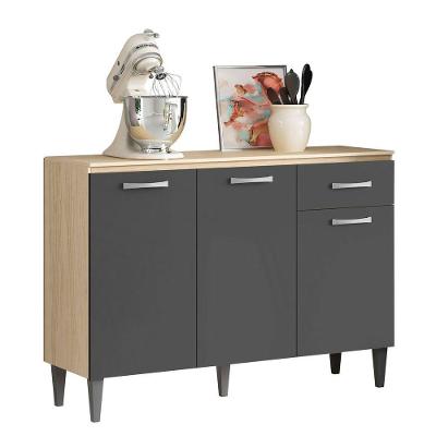 Balcão Para Cozinha 120cm 3 Portas 1 Gaveta Halena Avena/grafito