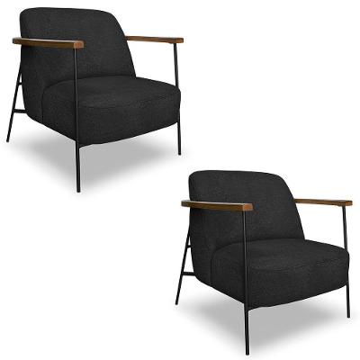 Poltrona Para Sala Pés Metálicos Kit 2 Ellen S06 Boucle Preto - Mpozenato