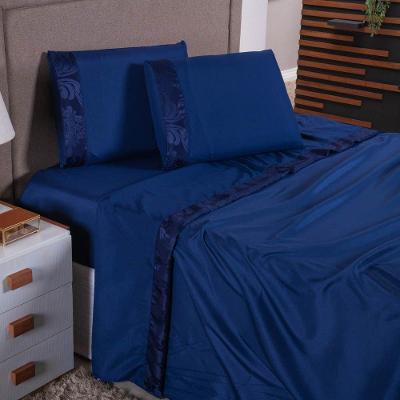 Jogo De Lençol Zurique King 4 Peças Micro Percal 400 Fios Friso Decorativo - Azul Marinho