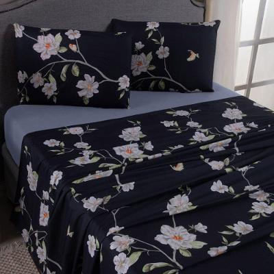 Jogo De Lençol Mabele King 4 Peças Micro Percal 400 Fios Estampado Floral - Azul Marinho
