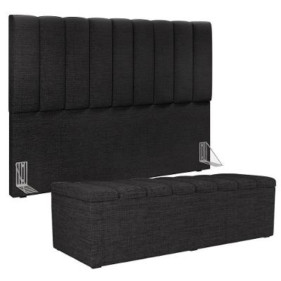 Kit Cabeceira Cama Box Casal King 195cm Com Calçadeira Baú Dália W01 Linho Chumbo - Lyam