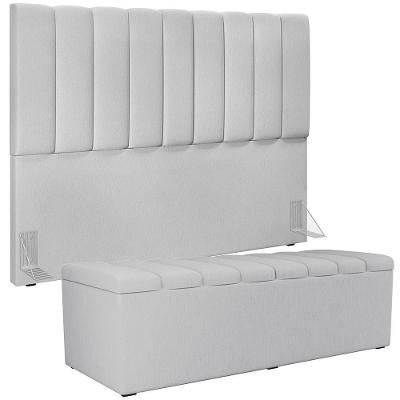 Kit Cabeceira Cama Box Casal King 195cm Com Calçadeira Baú Dália W01 Linho Cinza - Lyam