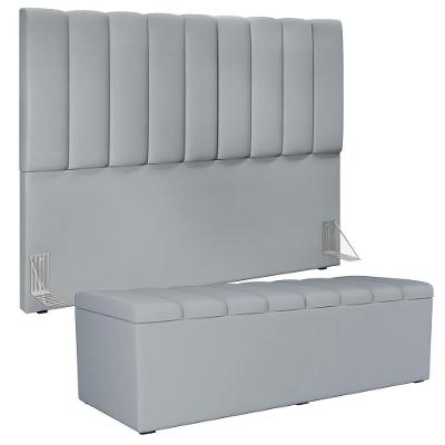 Kit Cabeceira Cama Box Casal King 195cm Com Calçadeira Baú Dália W01 Suede Cinza - Lyam