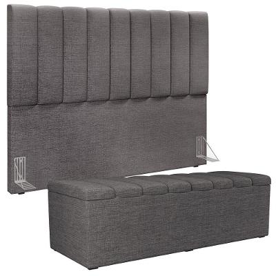 Kit Cabeceira Cama Box Casal King 195cm Com Calçadeira Baú Dália W01 Linho Cinza Escuro - Lyam