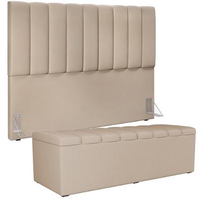 Kit Cabeceira Cama Box Casal King 195cm Com Calçadeira Baú Dália W01 Suede Bege - Lyam