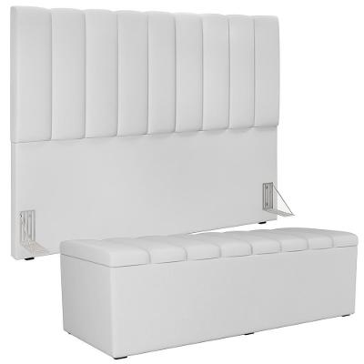 Kit Cabeceira Cama Box Casal King 195cm Com Calçadeira Baú Dália W01 Facto Branco - Lyam