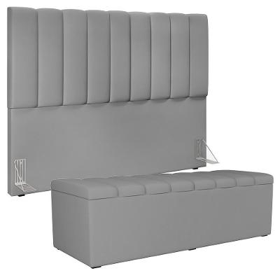 Kit Cabeceira Cama Box Casal King 195cm Com Calçadeira Baú Dália W01 Facto Cinza - Lyam