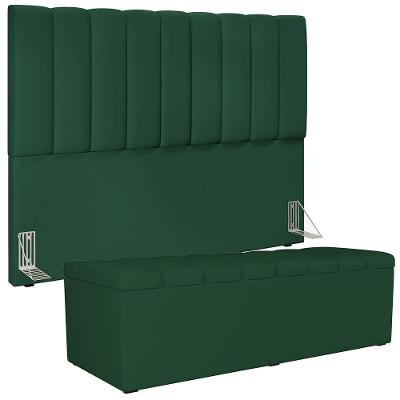 Kit Cabeceira Cama Box Casal King 195cm Com Calçadeira Baú Dália W01 Suede Verde Musgo - Lyam
