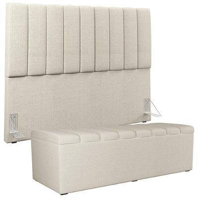 Kit Cabeceira Cama Box Casal King 195cm Com Calçadeira Baú Dália W01 Linho Champagne - Lyam