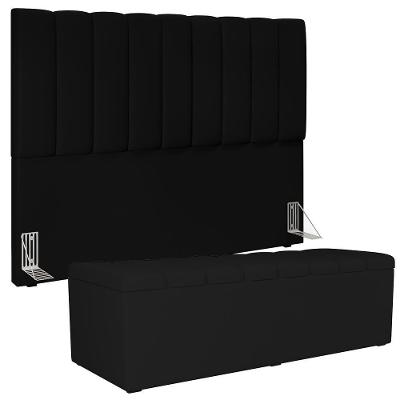 Kit Cabeceira Cama Box Casal King 195cm Com Calçadeira Baú Dália W01 Facto Preto - Lyam
