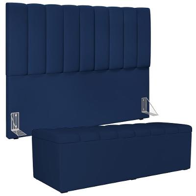 Kit Cabeceira Cama Box Casal King 195cm Com Calçadeira Baú Dália W01 Suede Azul Marinho Lyam