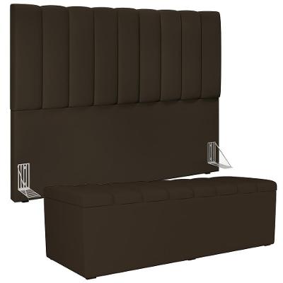 Kit Cabeceira Cama Box Casal King 195cm Com Calçadeira Baú Dália W01 Suede Marrom - Lyam