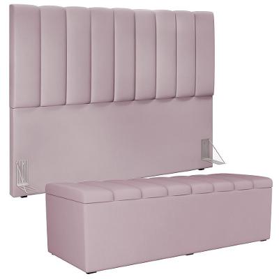 Kit Cabeceira Cama Box Casal King 195cm Com Calçadeira Baú Dália W01 Suede Rosê - Lyam