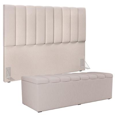 Kit Cabeceira Cama Box Casal King 195cm Com Calçadeira Baú Dália W01 Linho Cru - Lyam