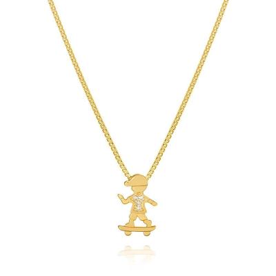 Colar Com Pingente De Filho Menino No Skate Com Zirconias Banhado Em Ouro 18k Cordão Mãe Filhos