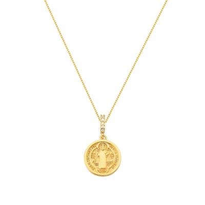 Colar Medalha São Bento Luxo Com Zirconias Banhado Em Ouro 18k - 1,5 Cm - Pequeno Cordão