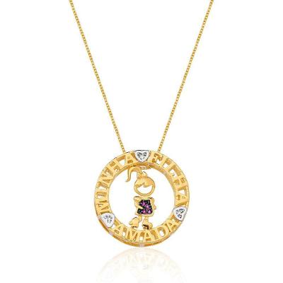Colar Mandala Minha Filha Amada Menina Banhado Ouro 18k Com Zirconias Rubi