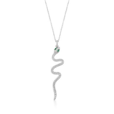 Colar Cobra Serpente Banhado Em Ródio Com Zirconias E Cristal Verde