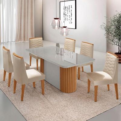 Mesa Jantar Aspen Tampo MDF Vidro 6 Cadeiras Eloise Moderna Veludo Creme Off White Naturale