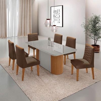 Mesa Jantar Aspen Tampo MDF Vidro 6 Cadeiras Eloise Moderna Veludo Marrom Off White Naturale
