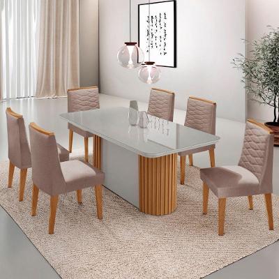 Mesa Jantar Aspen Tampo MDF Vidro 6 Cadeiras Eloise Moderna Linho Capuccino Off White Naturale