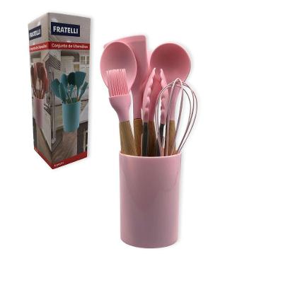 Conjunto De Utensilios Silicone 8 Pecas Fouet Concha Pincel Pegador Rosa