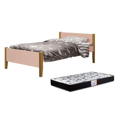 Cama Solteiro Simba Rosa Fosco Com Pés Amadeirado E Colchão D33 - Reller Móveis Rosa Fosco