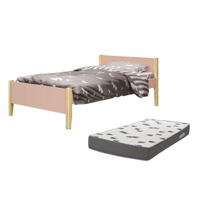 Cama Solteiro Simba Rosa Fosco Pés Madeira Natural Com Colchão D33 - Reller Móveis Rosa Fosco