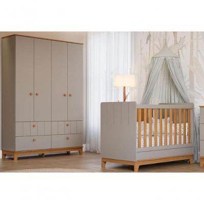 Quarto Para Bebê Guarda Roupa E Berço 100% MDF Biscoito Permobili Fendi/Nature