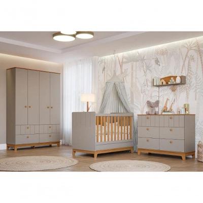 Quarto Para Bebê Completo Guarda Roupa Cômoda E Berço 100% MDF Biscoito Permobili Fendi/Nature