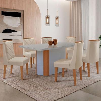 Mesa Jantar Isadora 180cm 6 Cadeiras Isadora Moderna Mobília Veludo Creme/Off White/Naturale
