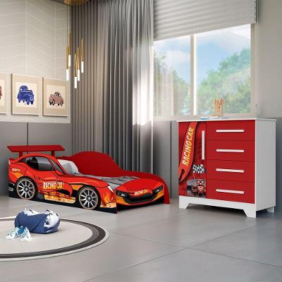 Conjunto Quarto Infantil Carros - Cama Solteiro Proteção Lateral Com Colchão E Comoda Mdf - Vermelho